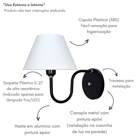 Arandela Abajur de Quarto Interna - Lâmpada (Não Inclusa)